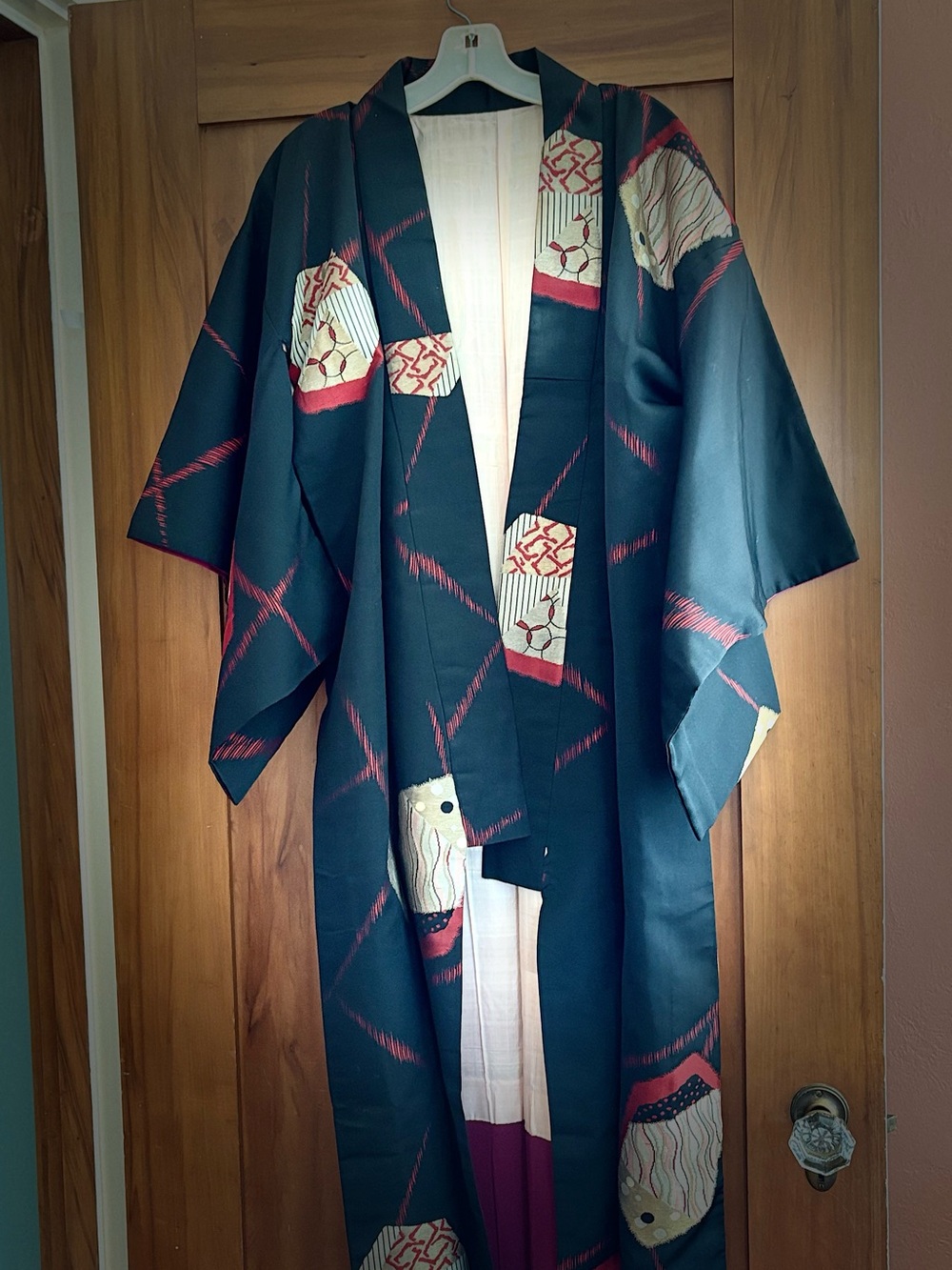 Black Vintage Kimono with Red and Cream Accents from Japan
